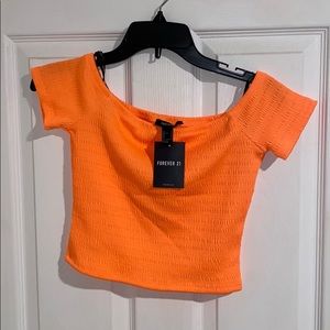 Neon orange off the shoulder top